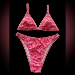 Vibrant Pink and Red Bikini with Triangle Top and High-Cut Design